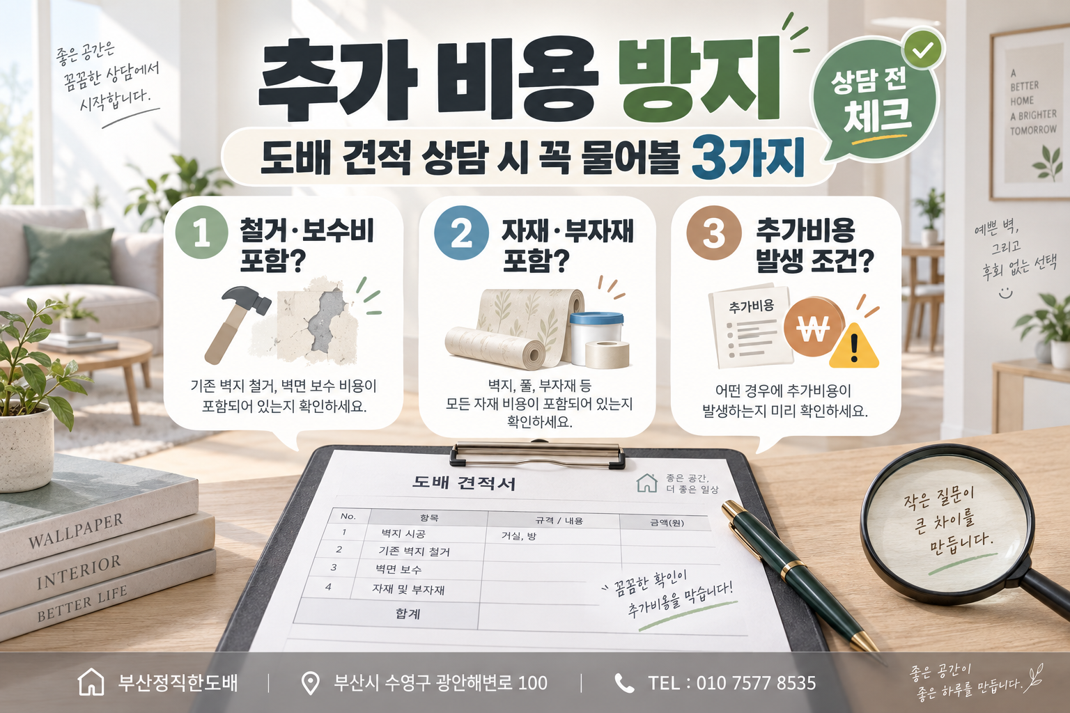 추가 비용 방지하려면, 도배 견적 상담 시 반드시 물어봐야 할 질문 3가지