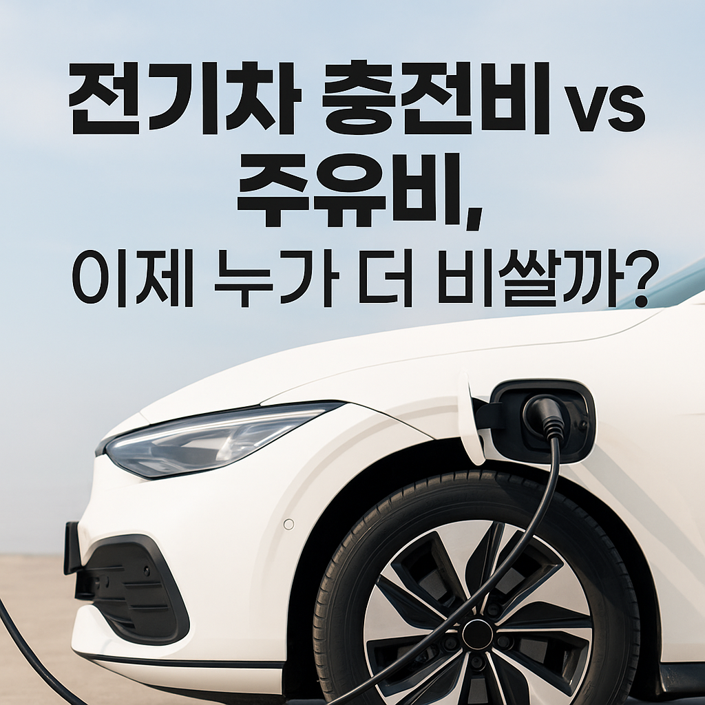 alt="하얀 전기차가 충전 중인 모습 위에 '전기차 충전비 vs 주유비, 이제 누가 더 비쌀까?'라는 텍스트가 쓰인 밝은 썸네일"