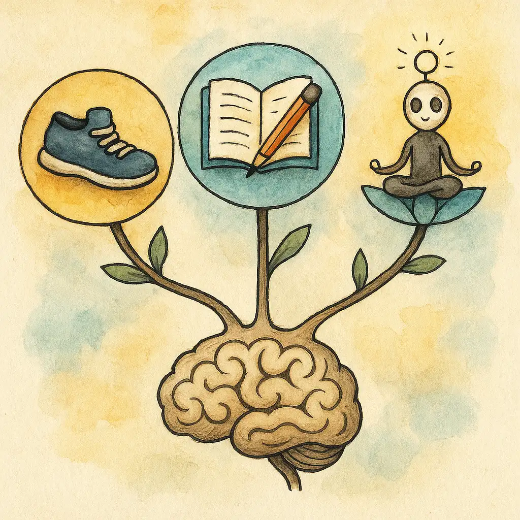 운동, 학습, 명상 등 뇌 가소성을 향상시키는 활동을 상징하는 일러스트
