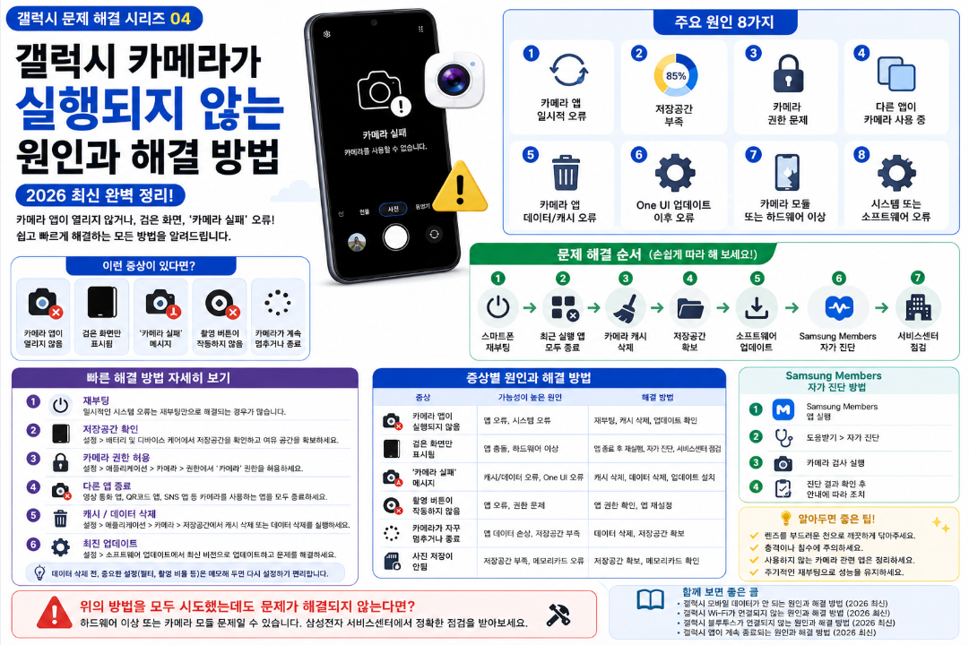 갤럭시 카메라가 실행되지 않는 원인과 해결 방법을 설명하는 안내 이미지. 카메라 실패, 검은 화면, 저장공간 부족, 권한 설정, 캐시 삭제, Samsung Members 진단 방법을 한눈에 확인할 수 있다.