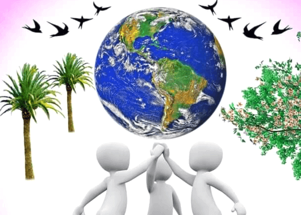 파란 지구 그림이 있고 하얀색 사람 모형 3명이 하이파이브를 하고 있다.