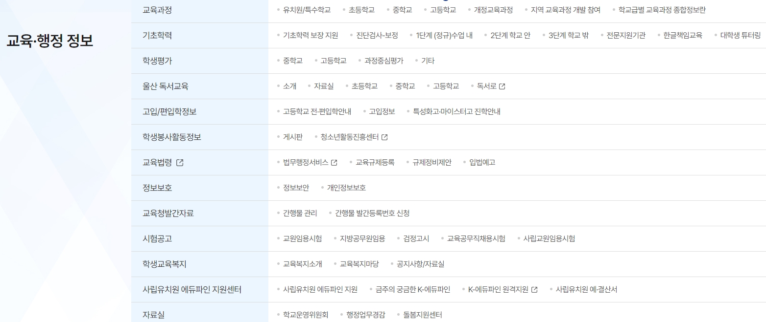 교육 행정 정보 메뉴에서 제공하는 학생 봉사활동 관련 안내