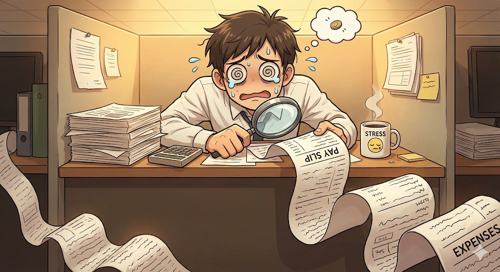 월급 명세서를 돋보기로 들여다보며 늘어난 국민연금 공제액에 절망하는 직장인의 위트 있는 일러스트