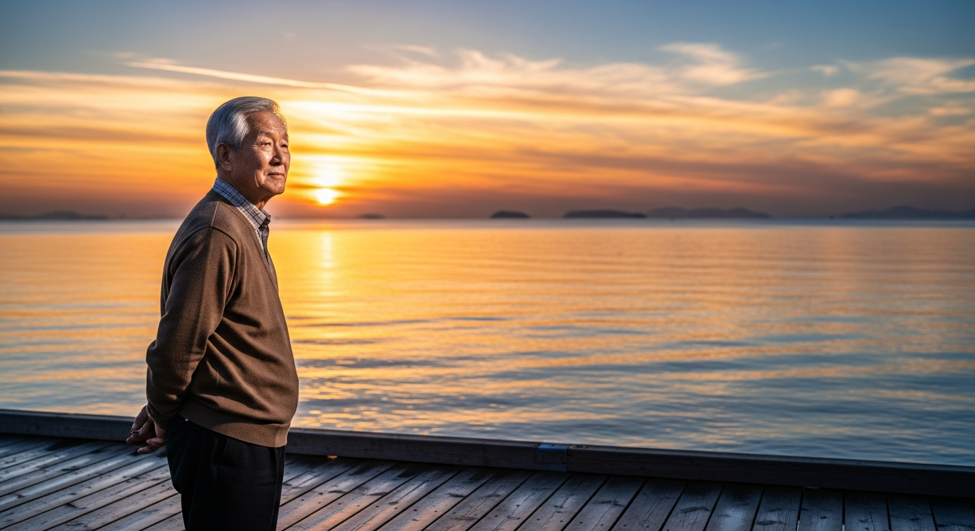 성공적인 연금저축펀드 운용으로 해질녘 부두에 서서 평화롭게 바다를 바라보며 안정된 노후를 맞이한 노년 남성.
