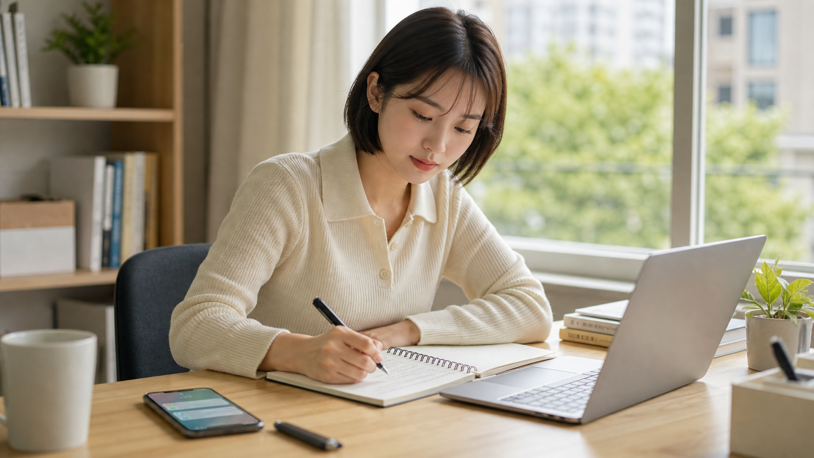 서윤이 책상에서 스마트폰 알림을 옆에 두고 자기 일에 집중하는 현실적인 장면
