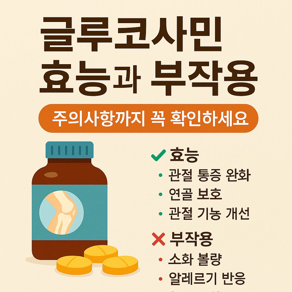 글루코사민 효능과 부작용, 주의사항을 한눈에 정리한 대표 이미지로 관절 건강 관리 정보를 강조합니다