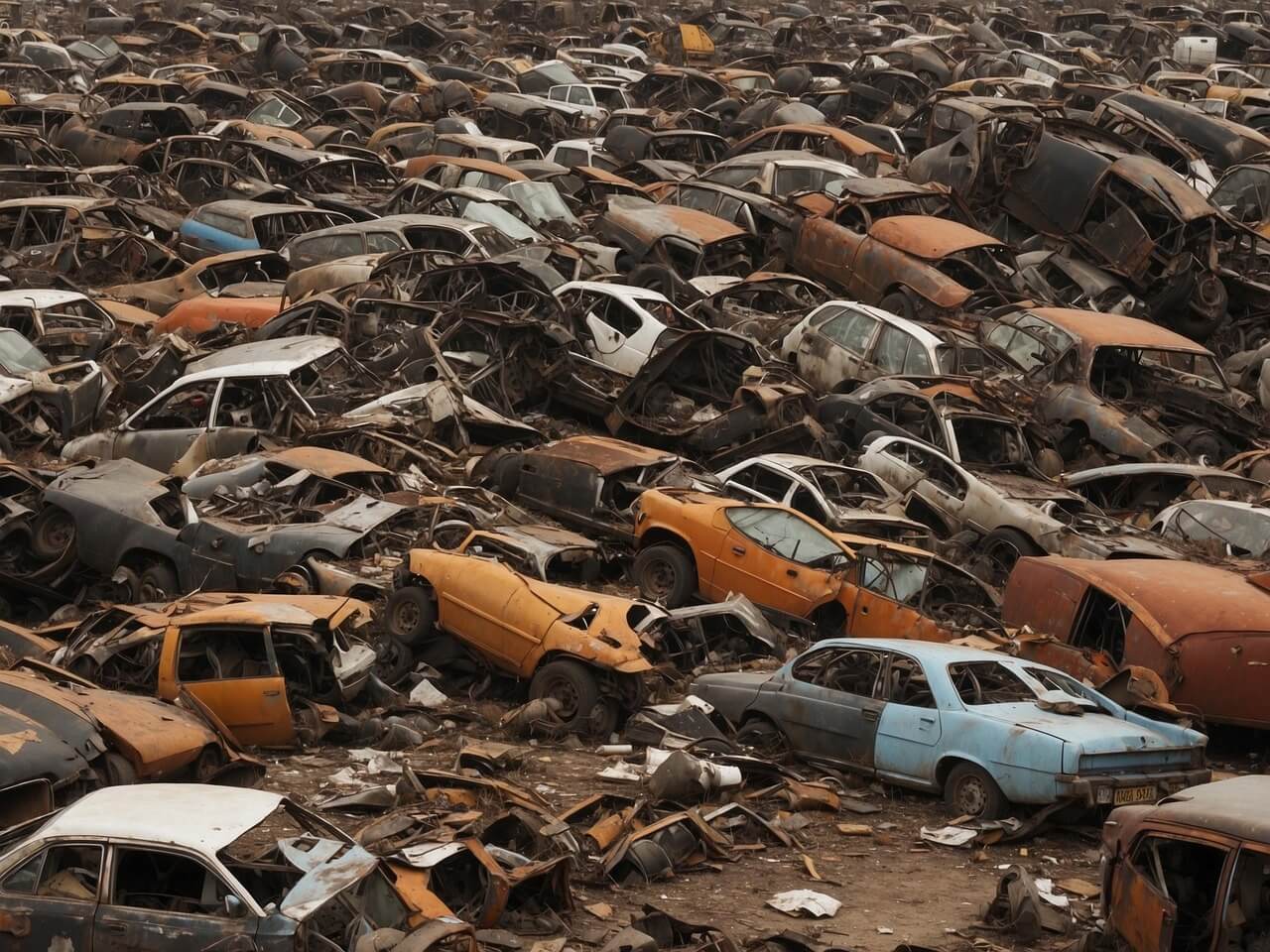 폐차장에 모여 있는 노후 차량 무더기 모습