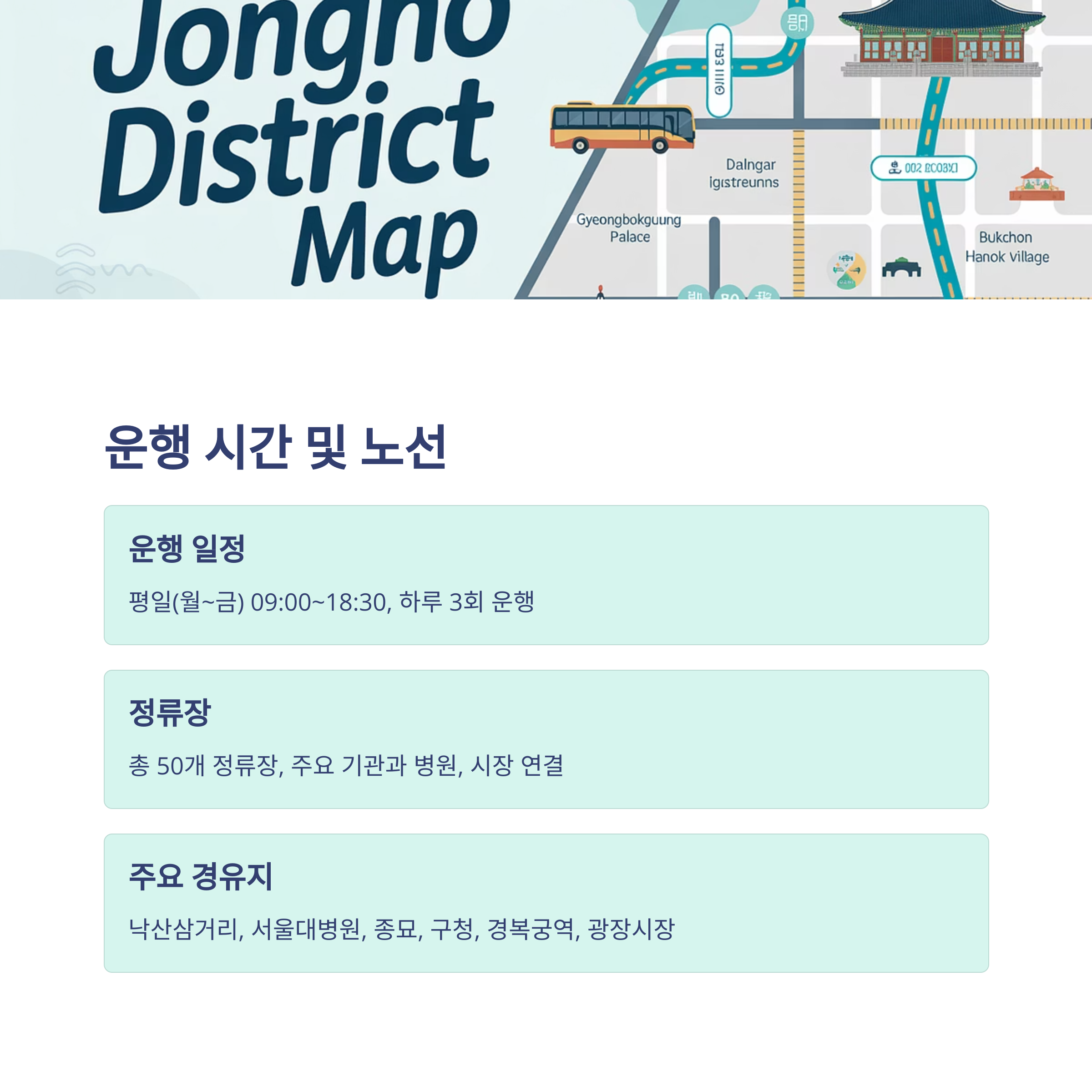 종로구 무료 셔틀버스 노선 및 운행시간 안내, 경유지와 지도 구성