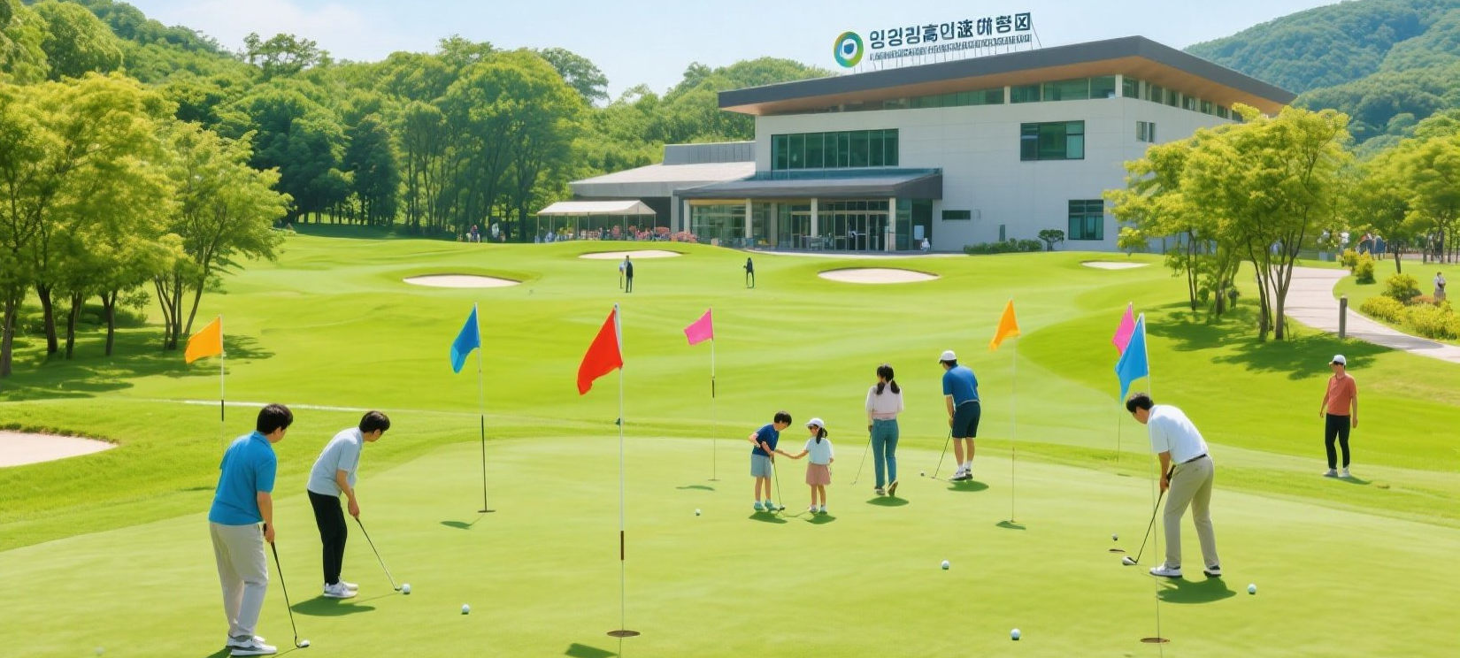 고창고인돌휴게소 파크골프장에서 가족이 퍼팅 연습하는 모습