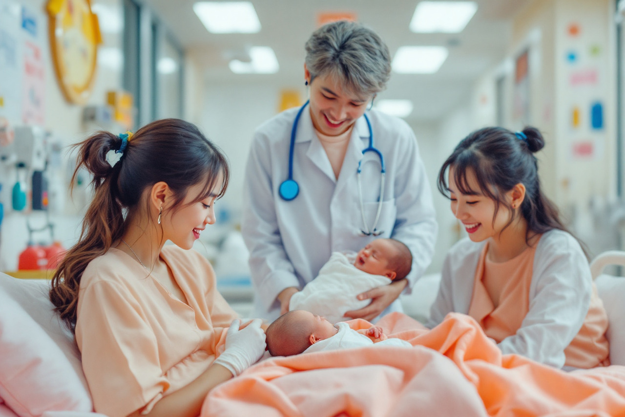 출산한 후 기뻐하는 의사,간호사,산모