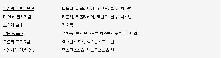 쌍용차의 각종 할인과 프로모션을 모아서 정리해 놓은 사진입니다