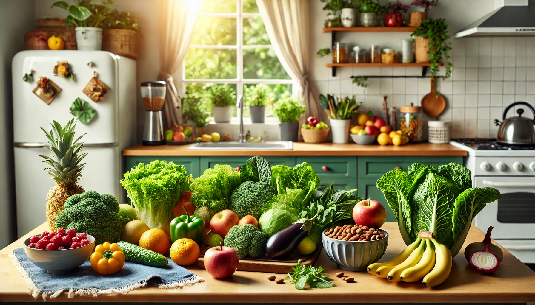 주방 테이블 위 신선한 제철 야채