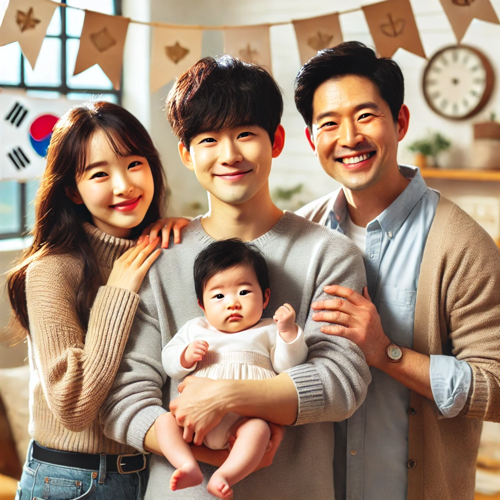 밝고 따뜻한 분위기의 한국 가정이 입양을 축하하는 장면. 부모가 아기를 안고 행복하게 미소 짓고 있으며, 주변에는 가족애와 지지를 상징하는 장식이 배치되어 있다. 가정적인 분위기 속에서 사랑과 환영의 감정을 전달하는 이미지.