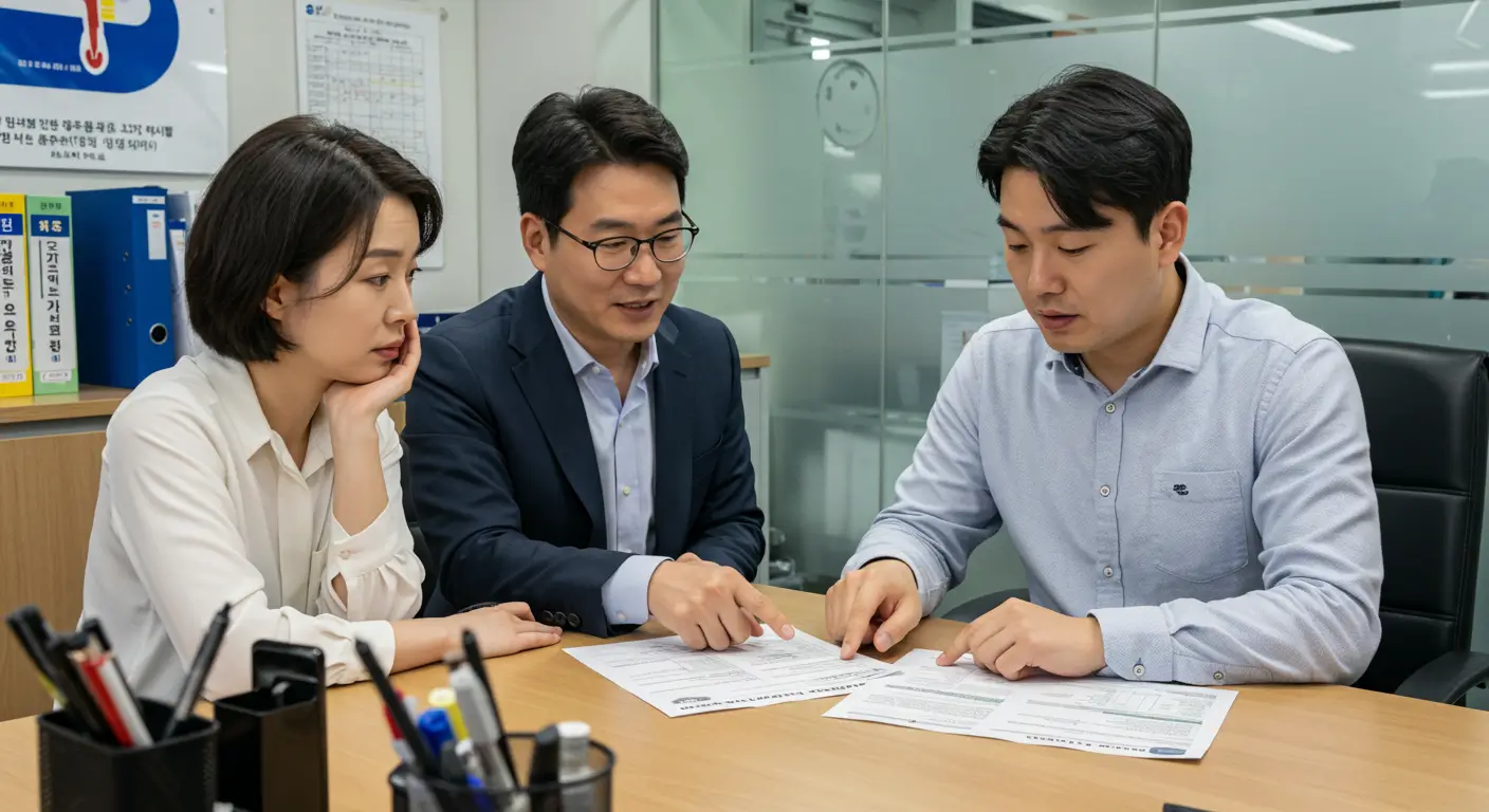 전문가와 함께 등기부등본을 보며, 자신의 보증금 안전도 진단 결과를 듣고 안심하는 모습