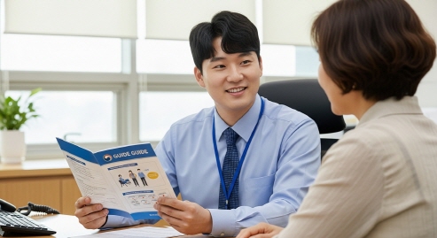 안내 책자를 들고 있는 공무원