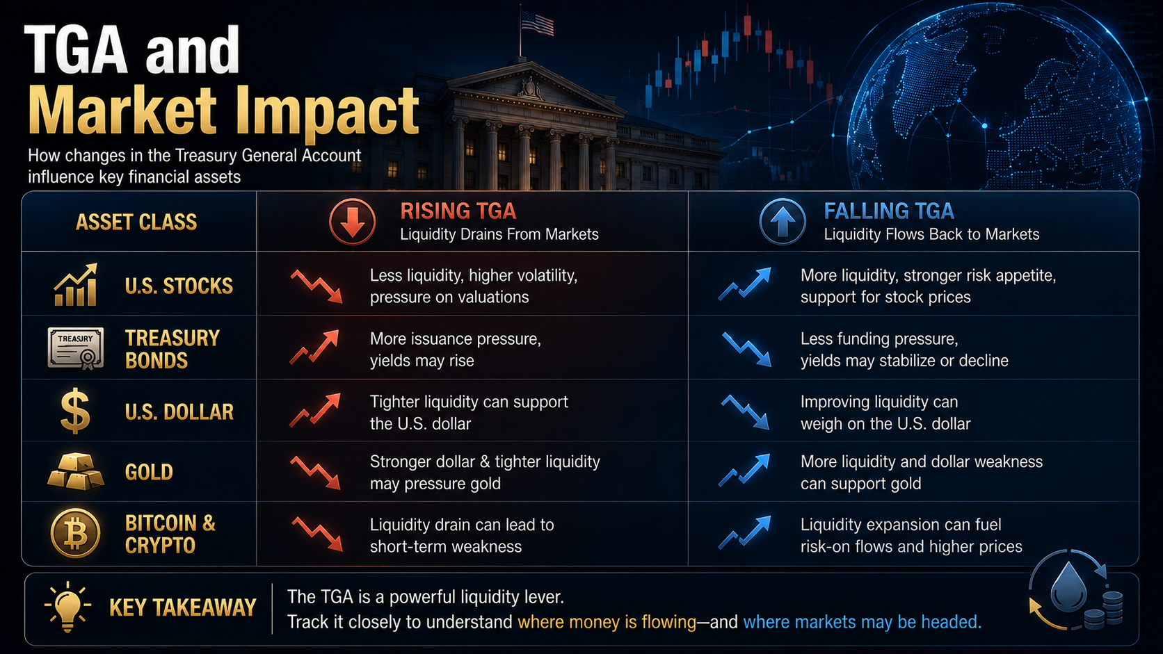 Comparison chart showing how Treasury General Account (TGA) liquidity changes affect stocks, bonds, the U.S. dollar, gold, and Bitcoin.