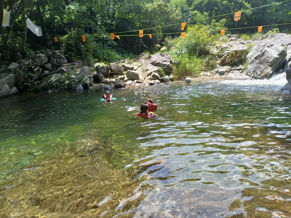 구명조끼를-입고-계곡에서-놀고-있는-사람들