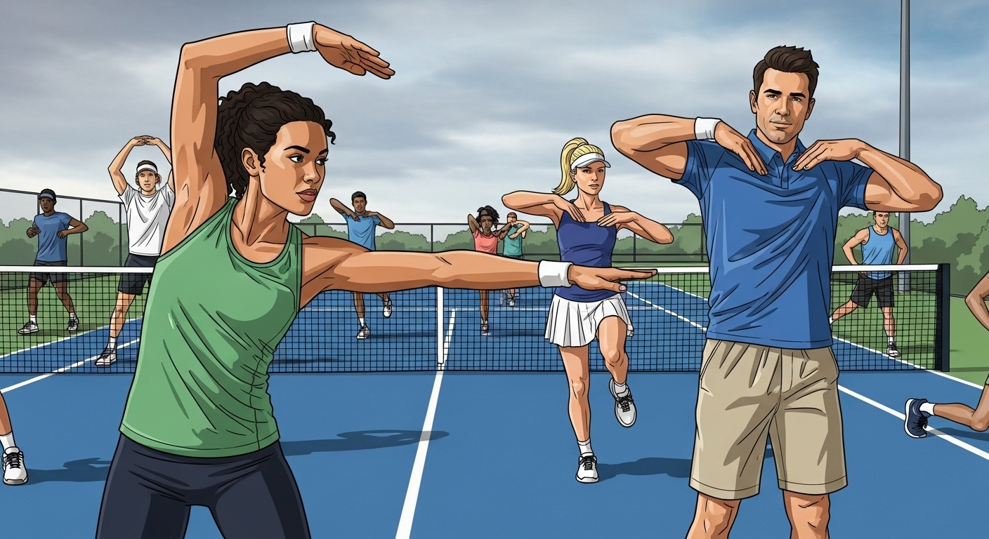 테니스 코트에서 팔과 어깨, 다리를 스트레칭하며 몸을 풀고 있는 생활체육 테니스 동호인들의 모습. 동적 웜업의 중요성을 보여줍니다.