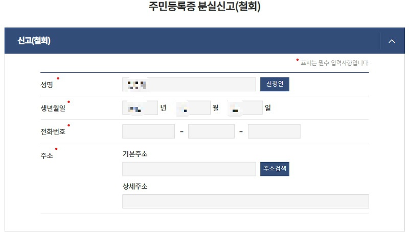 분실일, 분실신고 사유 등 세부 정보 입력