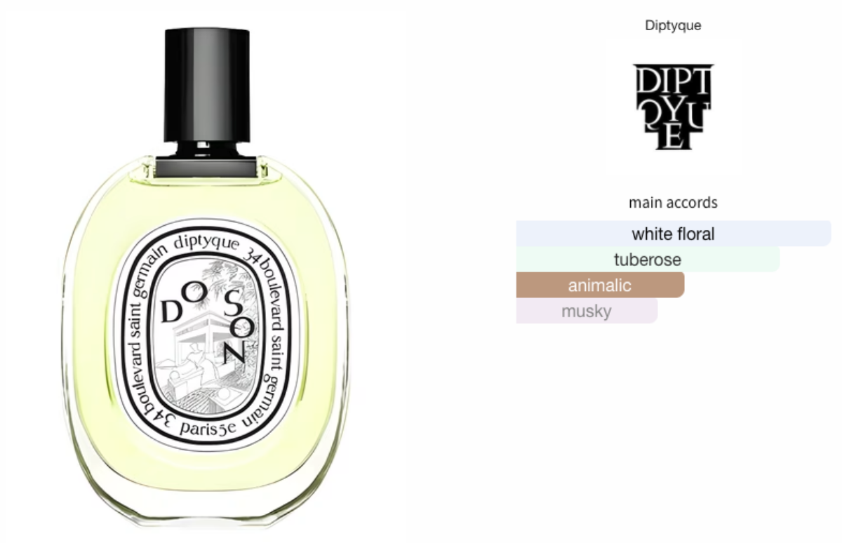 딥디크 도손 메인 어코드, 화이트 플로럴, 튜베로즈, 애니멀릭, 머스키 노트가 궁합을 이룸