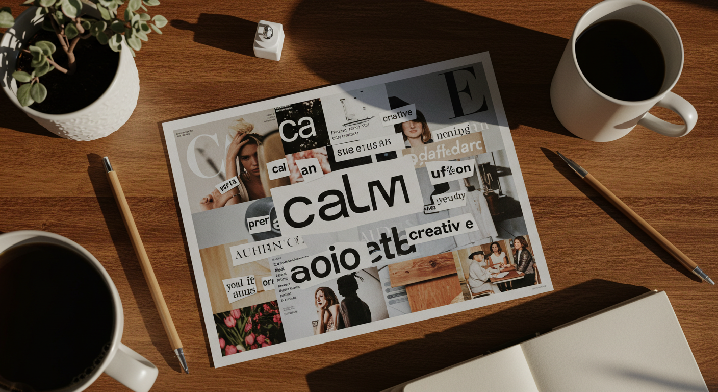 이 이미지는 자기표현과 브랜딩을 주제로 한 콜라주 작업 장면입니다.