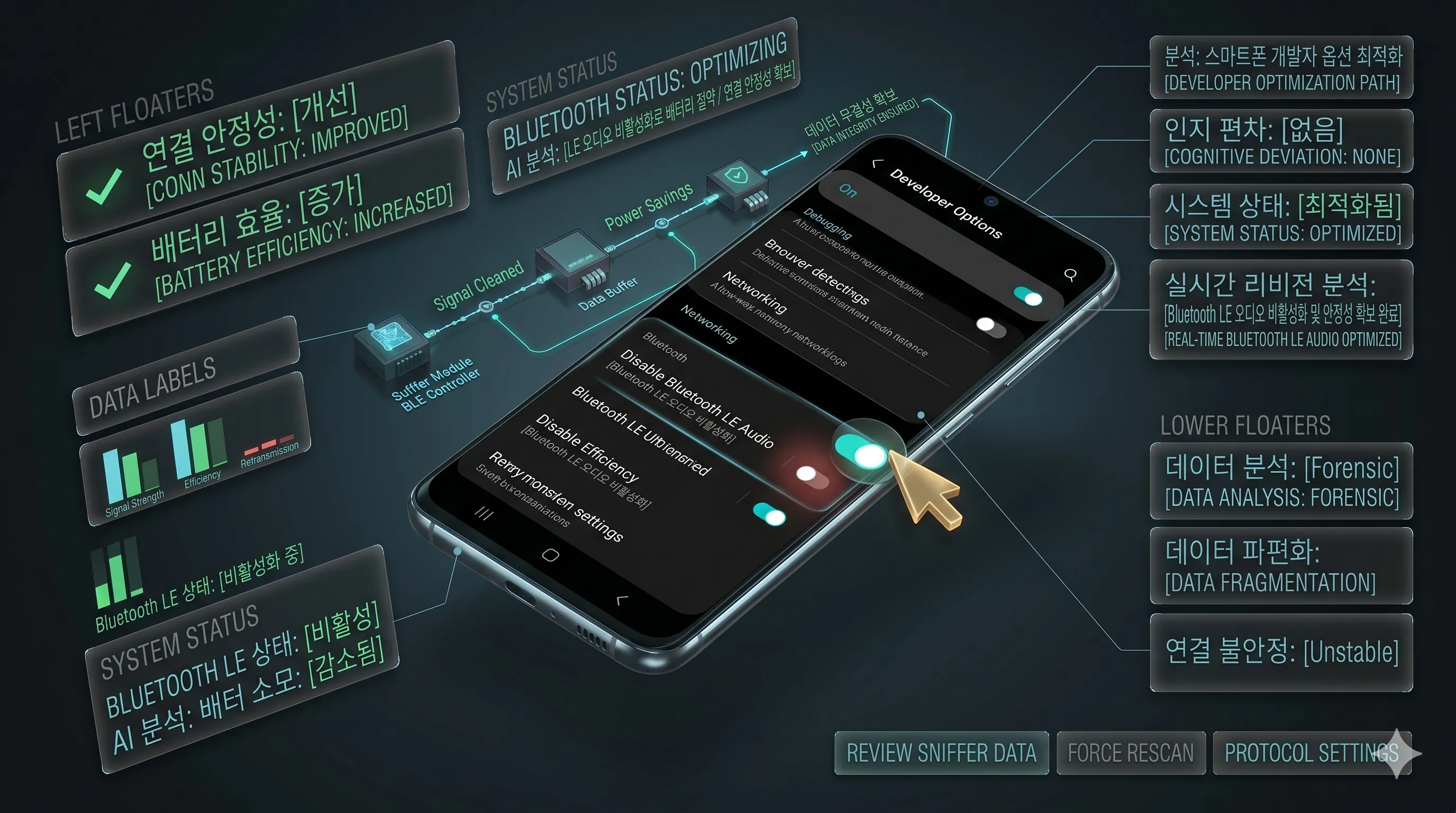 Isometric technical visualization of the Android Developer Options menu to disable Bluetooth LE Audio for stability.