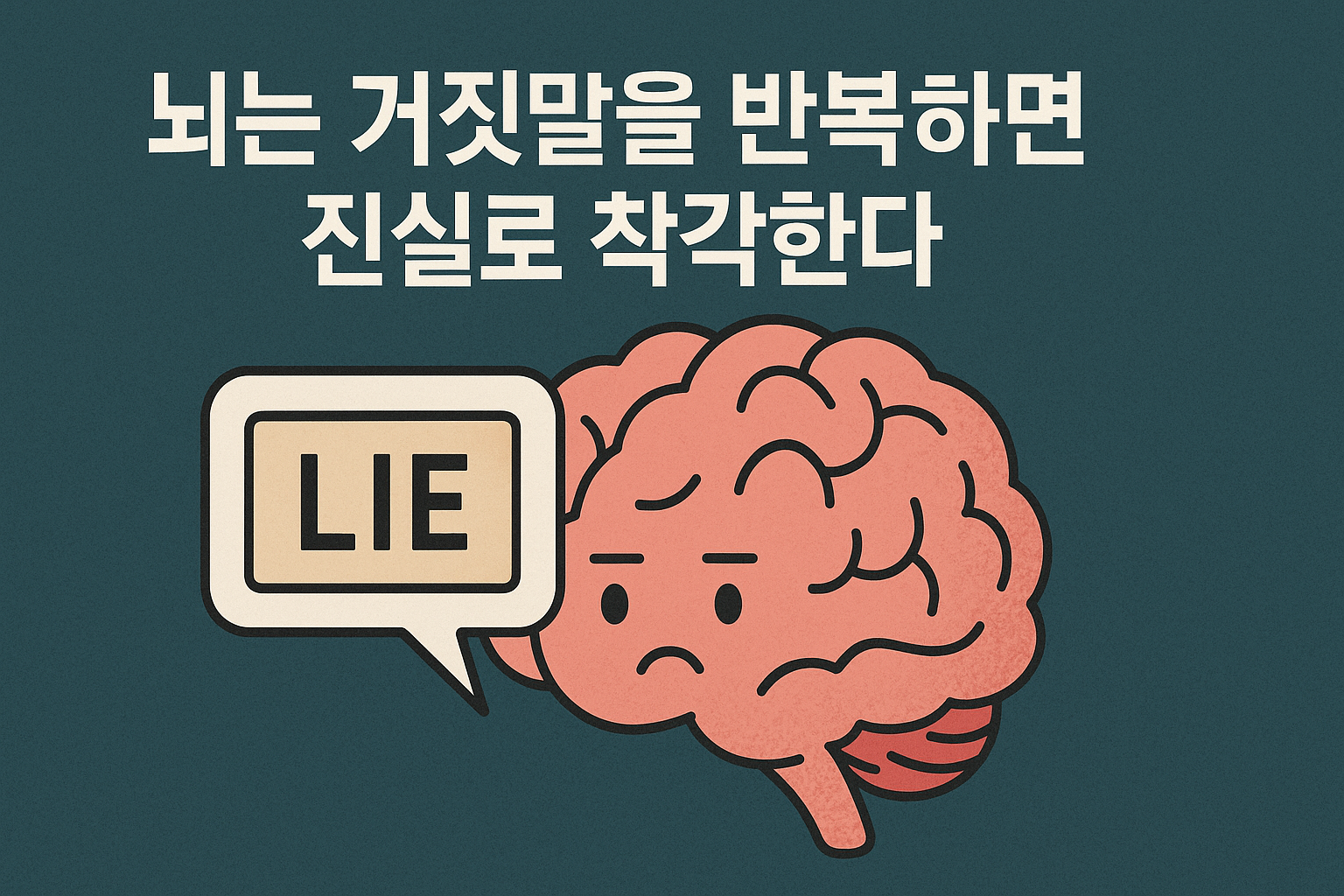 뇌가 거짓말을 반복하며 진실로 착각하는 모습을 상징적으로 표현한 일러스트