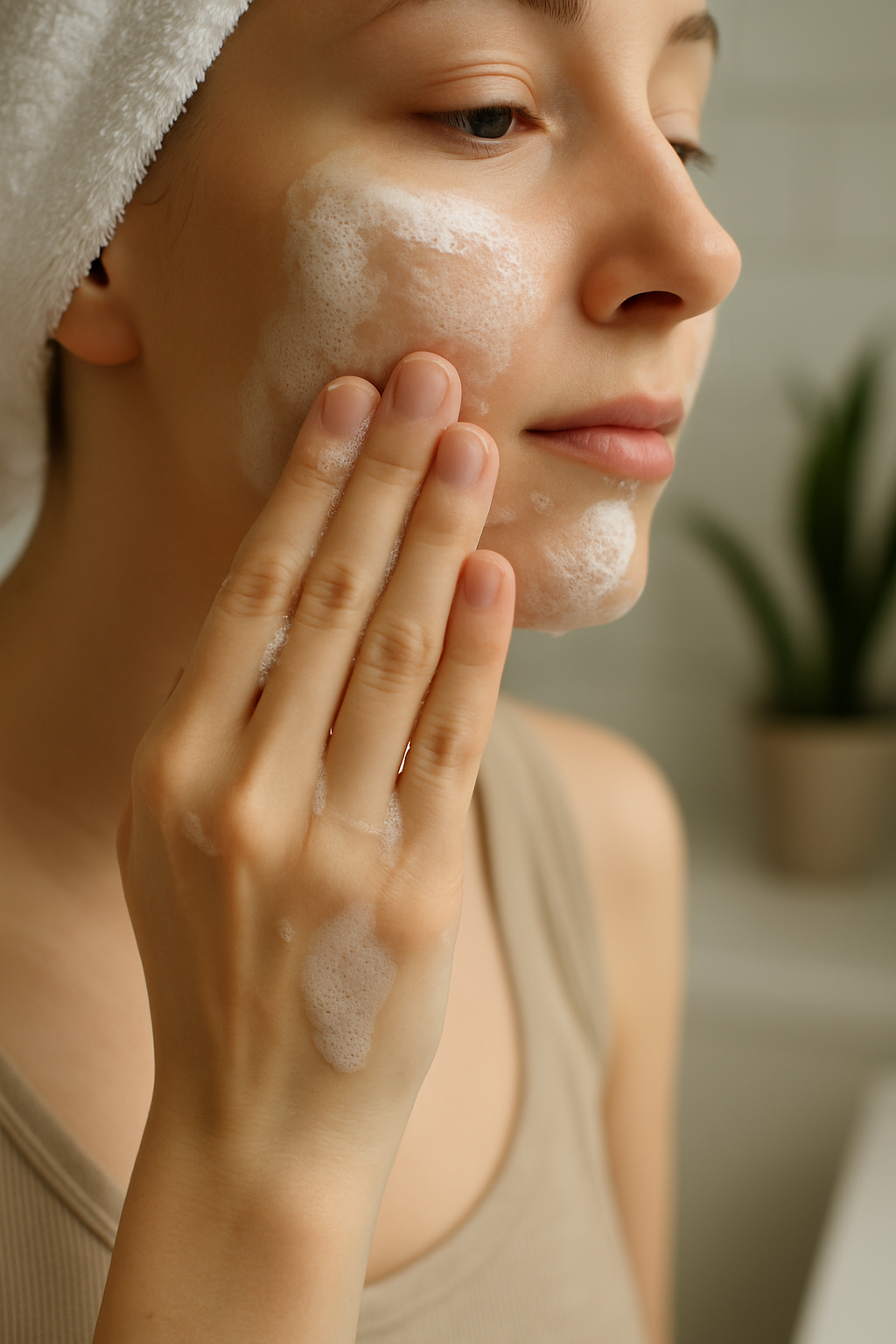 비립종 관리용 약산성 젤 클렌저로 거품을 소량 내어 뺨을 부드럽게 세정하는 모습