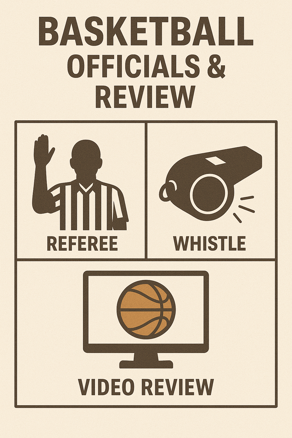 농구 심판 및 비디오 판독 포스터 &ndash; 심판, 휘슬, 비디오리뷰 시각적 설명