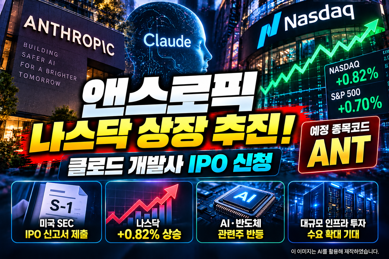 앤스로픽 나스닥 상장 추진과 클로드 개발사 IPO 신고서 제출, 예정 종목코드 ANT 및 미국 AI 반도체 관련주 상승을 나타낸 이미지