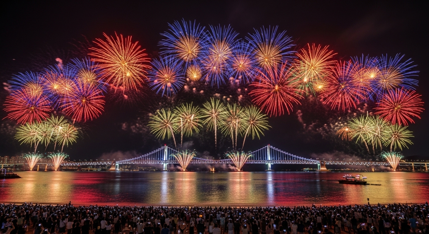 2025년 부산불꽃축제, 광안대교 상공을 화려하게 수놓은 다채로운 불꽃들이 바다에 반사되어 빛나고, 광안리 해변에는 불꽃을 감상하는 수많은 인파가 보인다.