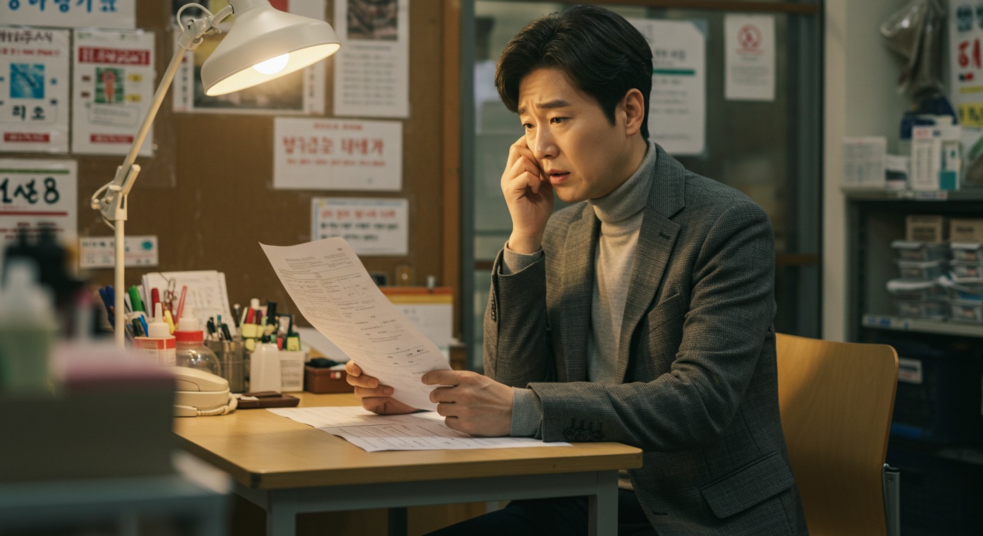 건강검진 결과를 확인하는 40대 자영업자의 모습, 진지한 표정으로 결과지를 살펴보고 있음