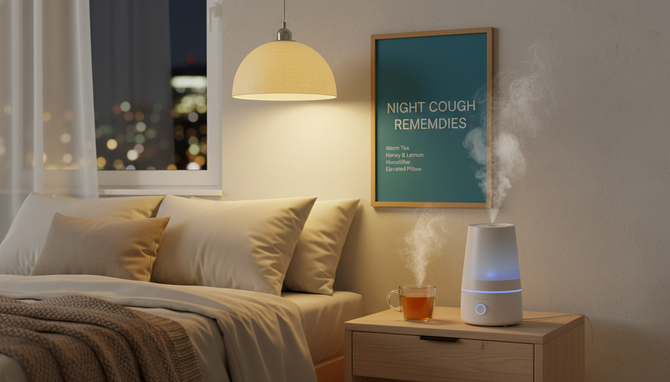 밤에 심한 마른 기침을 멈추기 위해 침대 머리맡에 둔 따뜻한 도라지청 차와 가습기