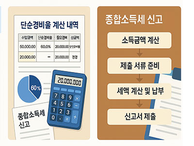 단순경비율 계산 내역이 나와 있는 인포그래픽과 종합소득세 신고 절차를 보여주는 일러스트