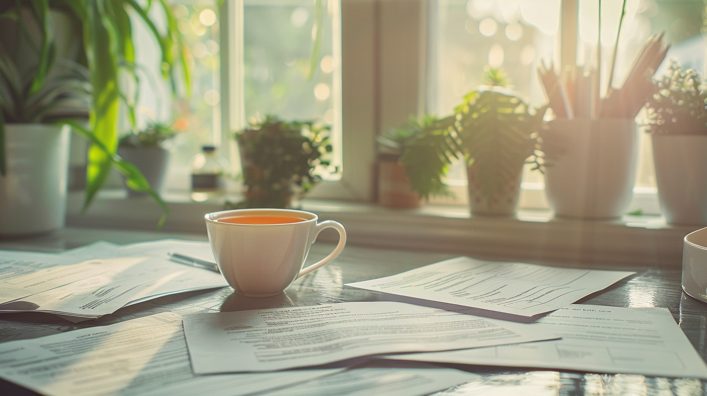 다양한 휴가 신청서가 놓인 따뜻한 책상