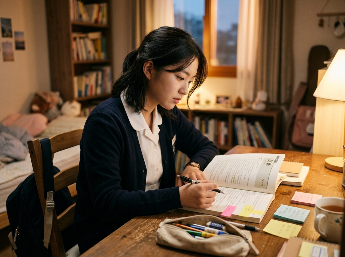 국어 공부 시작을 망설이는 학생의 모습