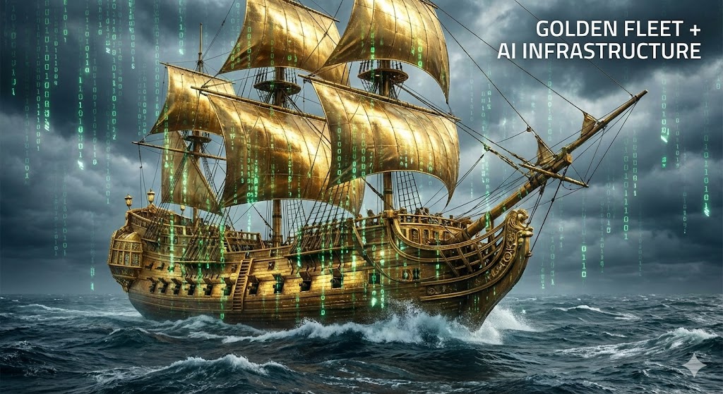 거친 파도를 가르는 최첨단 황금빛 군함(황금함대)과 그 위로 쏟아지는 디지털 데이터 비(AI 인프라)의 합성 이미지
