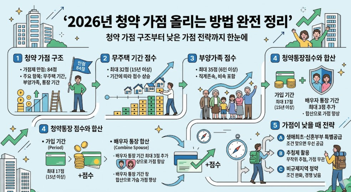청약 가점 구조, 무주택 기간 점수, 부양가족 점수, 청약통장 점수와 배우자 통장 합산, 가점이 낮을때 전략, 청약통장