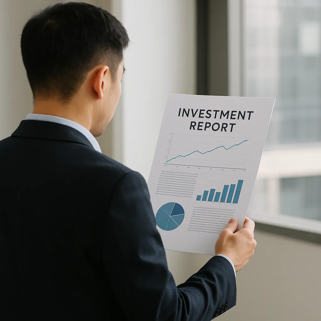 투자 보고서를 분석 중인 투자자의 상반신 뒷모습
