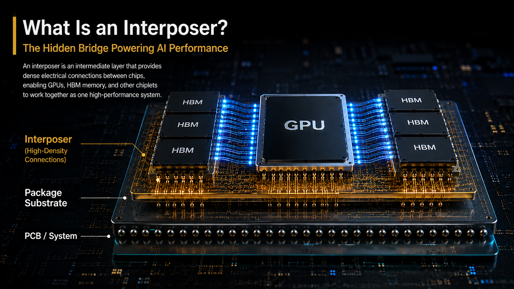 Interposer connecting GPU and HBM in an advanced AI semiconductor package