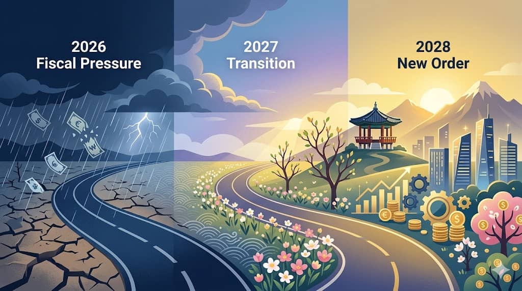 파일명: korea_fiscal_cycle_2026_2028_budget_debt_interest_welfare_transition_ohaeng.jpg Alt 태그: 한국 재정 사이클 2026 2028 예산 국채이자 복지지출 전환점 세금 흐름 재정 구조