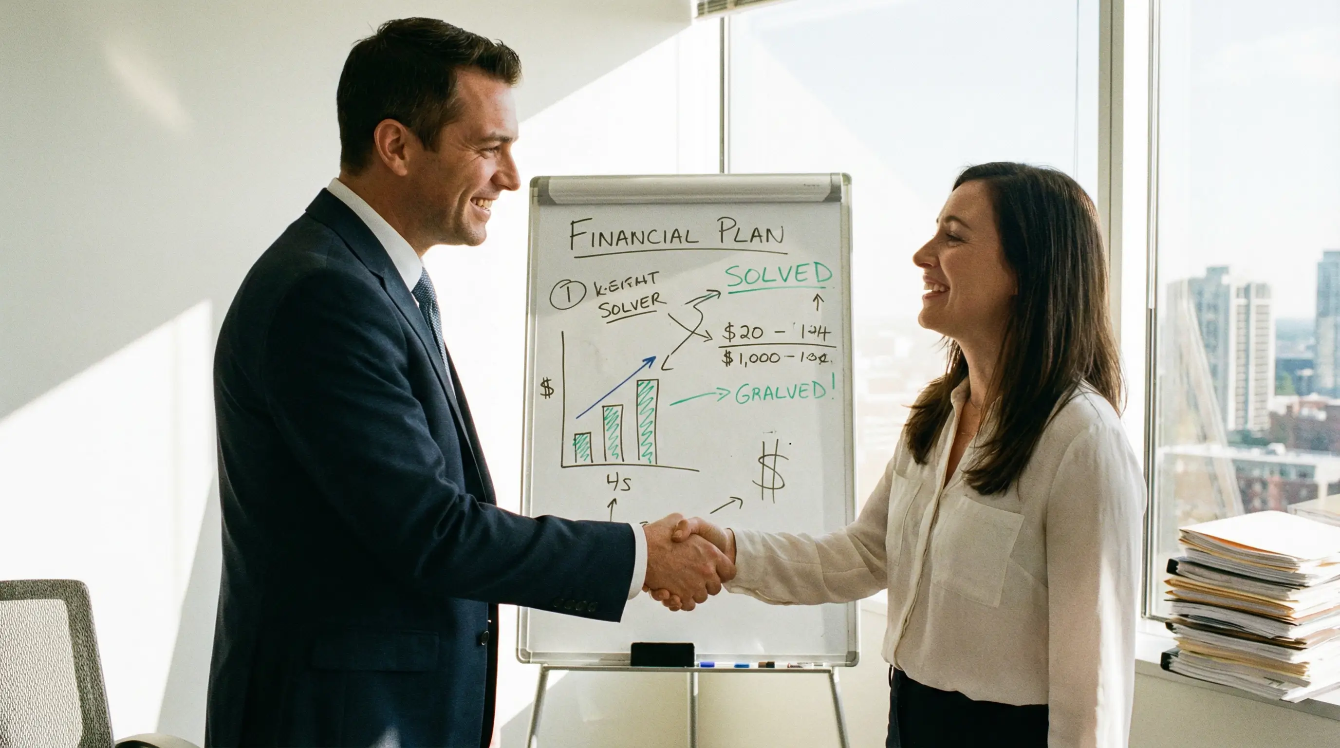 금융 전문가와 상담하여 꼬인 자금 문제를 해결하고 안도하며 악수하는 모습