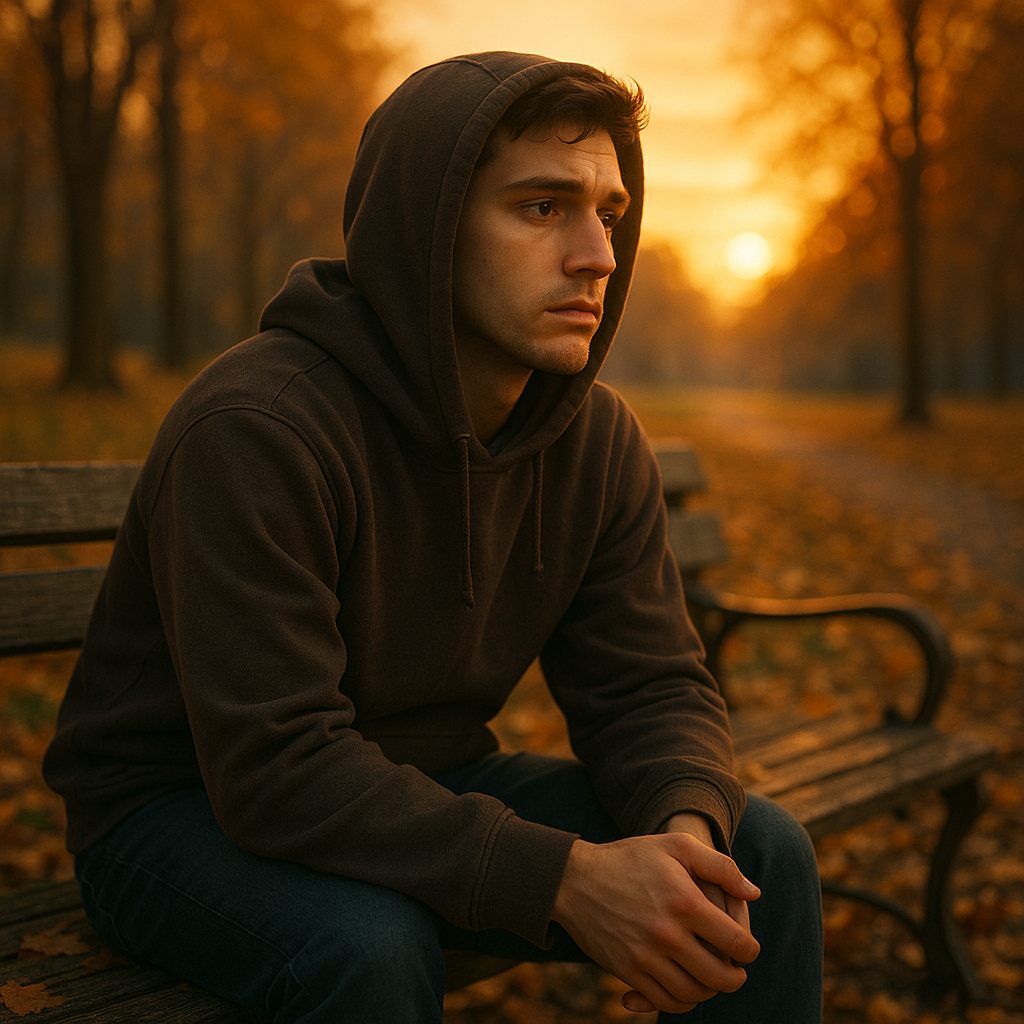 후드티를 입은 외로운 청년이 석양이 지는 저녁, 가을 낙엽으로 둘러싸인 공원 벤치에 앉아 먼 곳을 바라보고 있는 사진