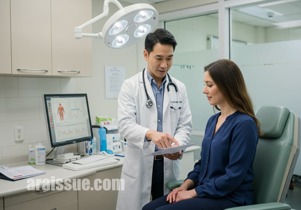 한국인 남성이 클리닉에서 의사에게 암검진 결과를 설명받고 있는 장면. 클리닉 내부는 깨끗하고 현대적인 분위기입니다.