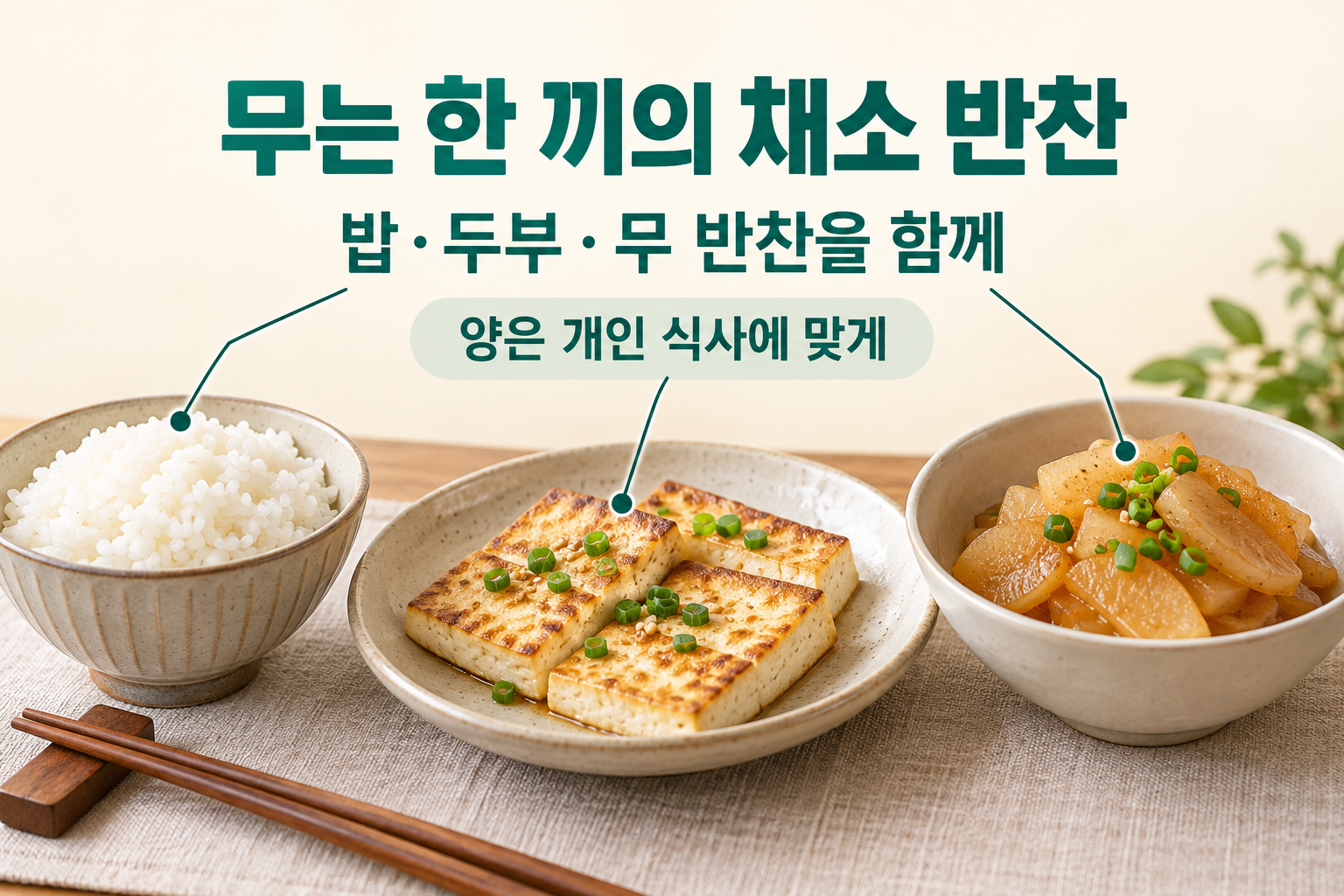 밥&middot;두부&middot;익힌 무 반찬을 함께 차린 식사 구성 예