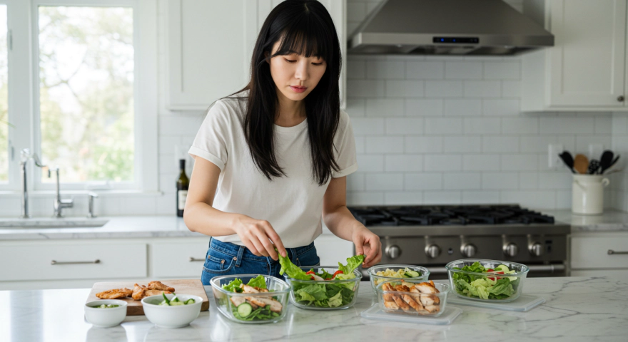 주방에서 샐러드와 닭가슴살 도시락을 준비하는 여성