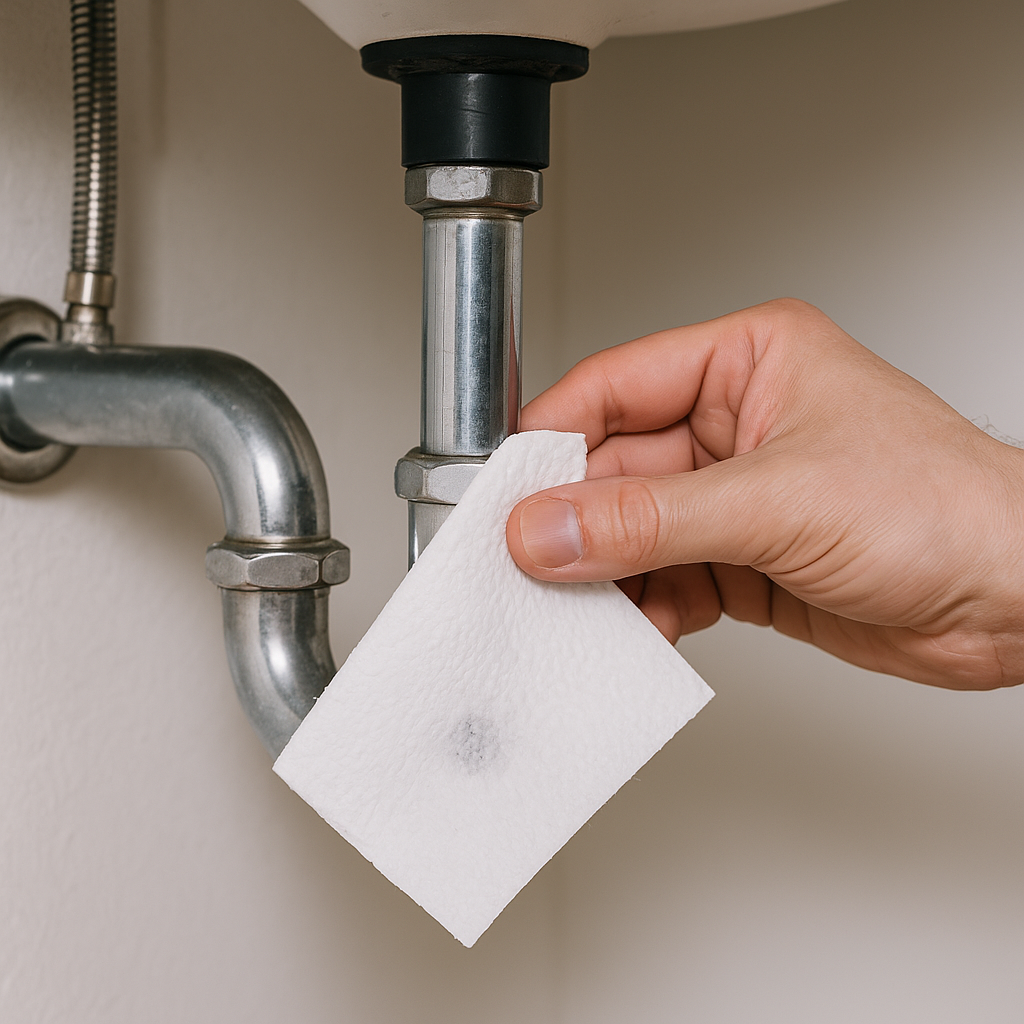 싱크대 하부 배관 연결부를 휴지로 눌러 누수 여부를 확인하는 모습