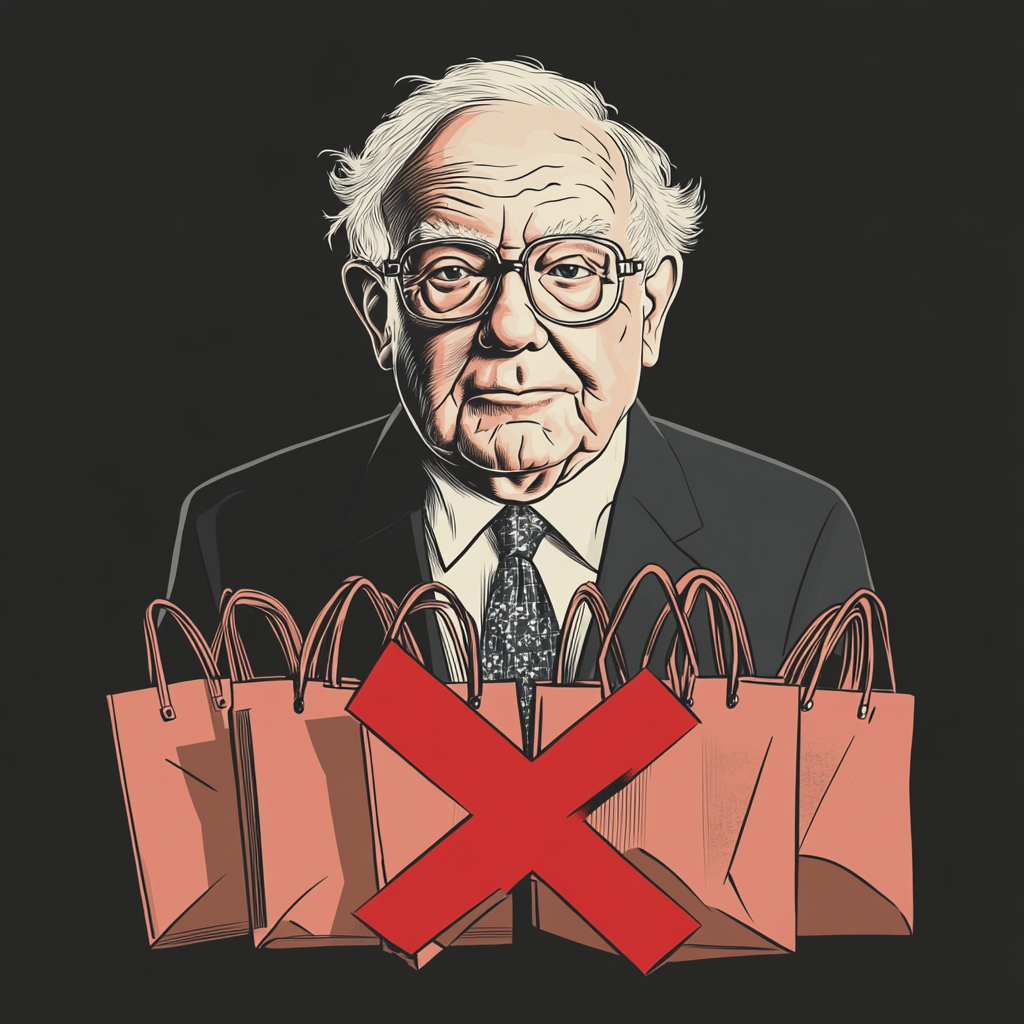 워렌 버핏과 소비를 상징하는 쇼핑백 위에 금지 표시가 있는 일러스트