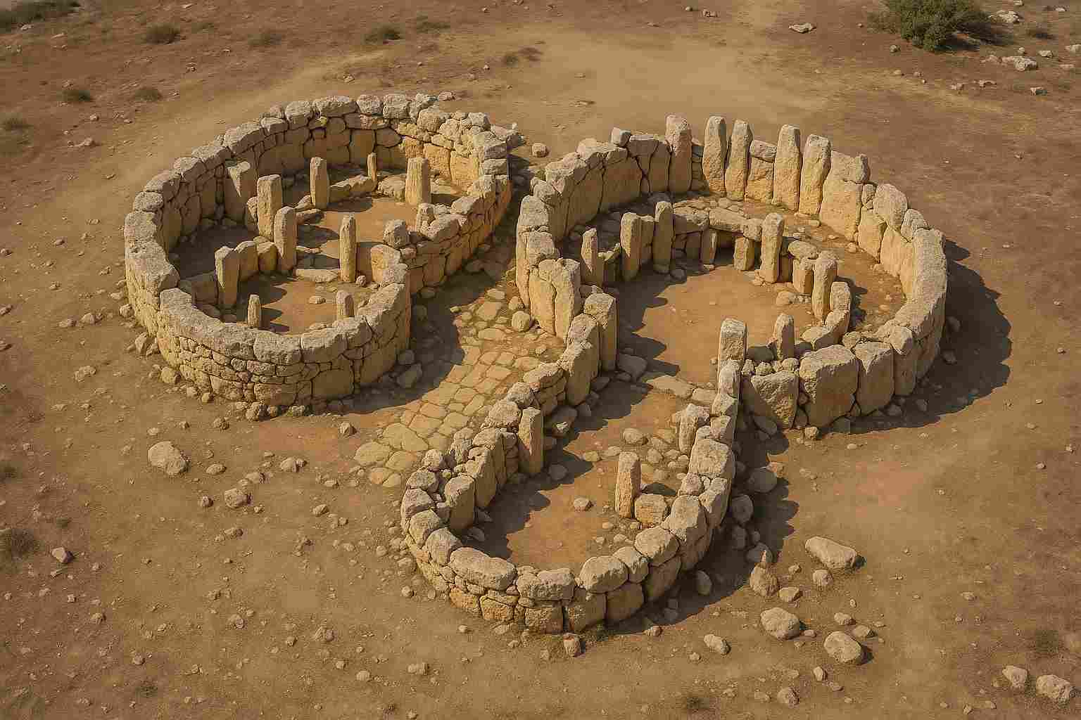 임나이드라의 선사시대 유적지를 상공에서 촬영한 이미지. 고대 석조 구조물의 방사형 형태와 통로, 주변 황량한 지형이 선명하게 보인다. (재현 이미지)
