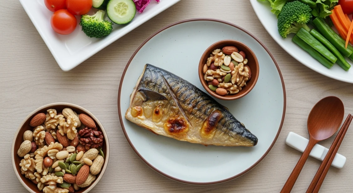 오메가-3 섭취를 늘리기 위해 구운 생선과 견과류, 채소로 구성된 건강한 한식 상차림을 위에서 찍은 사진.